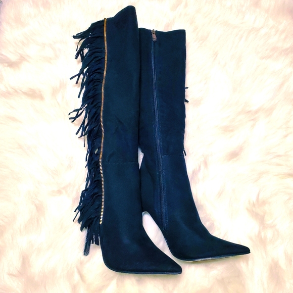 Knee High Heeled Boots with Fringe - Picture 2 of 6